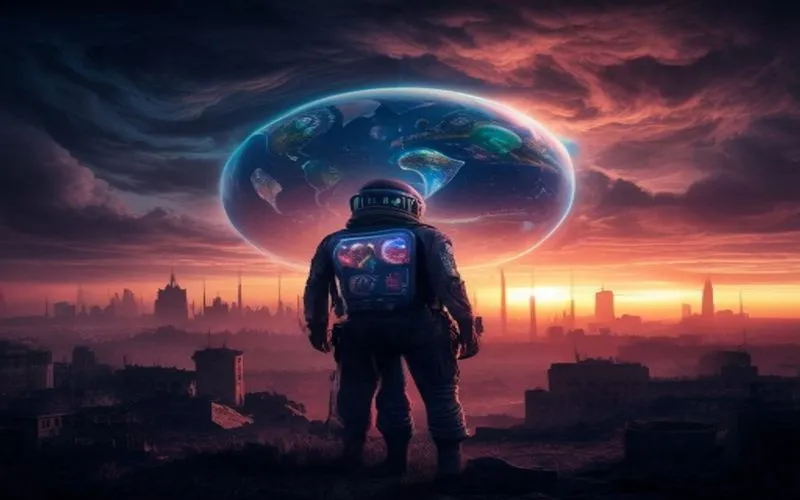 Gambar kota apokaliptik dengan langit hologram yang menampilkan ekosistem bumi yang beragam, dan seorang individu dengan bio-energi hijau yang menghormati bumi.