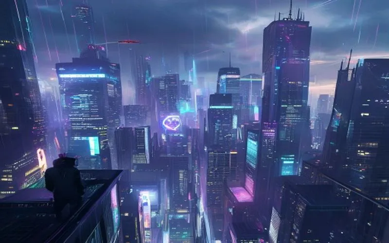 Gambaran sinematik kota futuristik basah kuyup hujan, di mana teknologi dan manusia berinteraksi dalam cahaya neon.