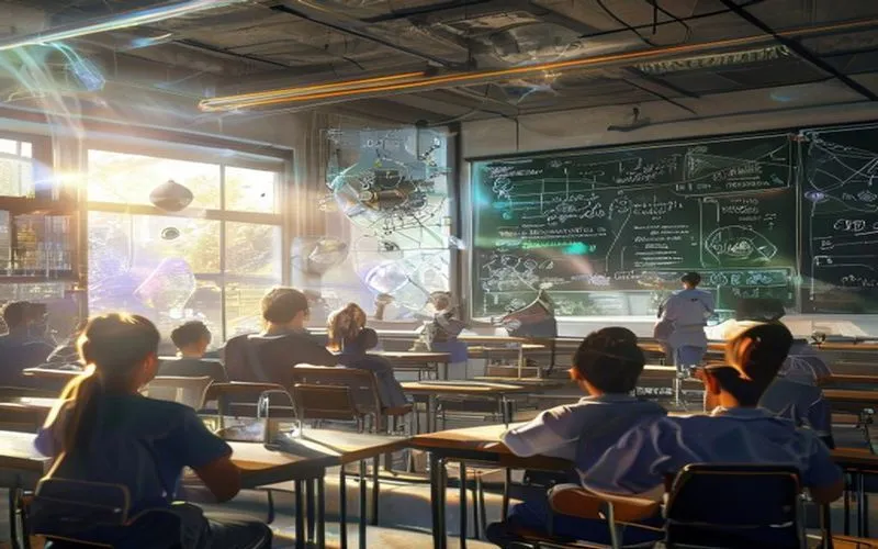 Kelas masa depan dengan eksperimen fisika menarik, persamaan hologram, dan pencahayaan dramatis.