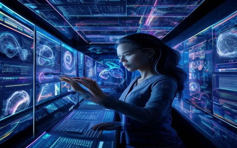 Seorang visioner teknologi berinteraksi dengan layar holografik menampilkan tren dan berita teknologi terkini