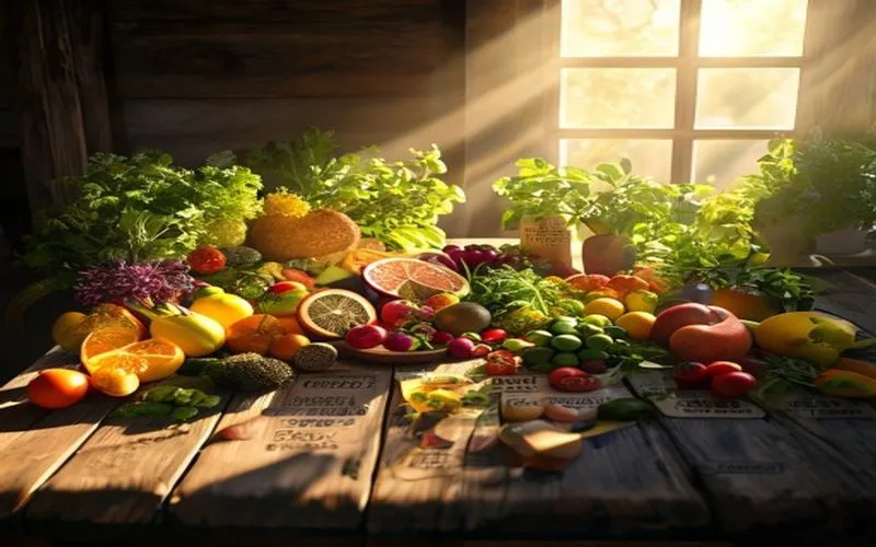 Berbagai tanaman herbal, buah, sayur dengan info gizi dan manfaat.