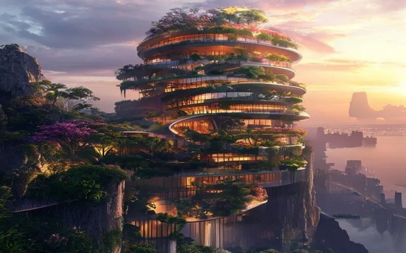 Arsitektur futuristik hijau menyatu sempurna dengan alam di tebing, bermandikan cahaya senja dramatis