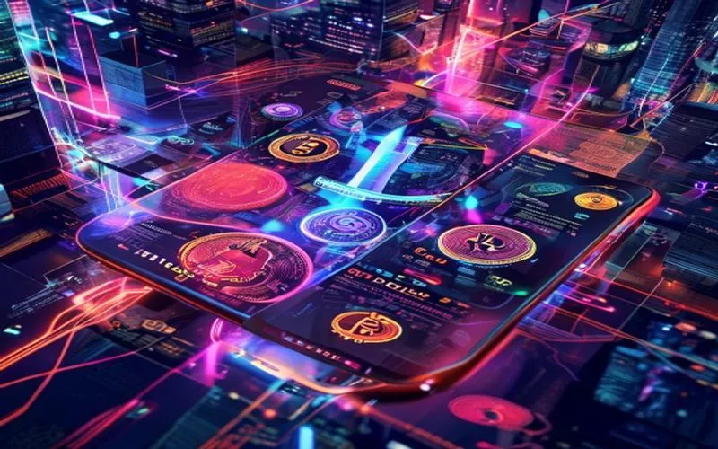 Futuristic digital wallet with hologram effects and cryptocurrency in a cyberpunk city backdrop