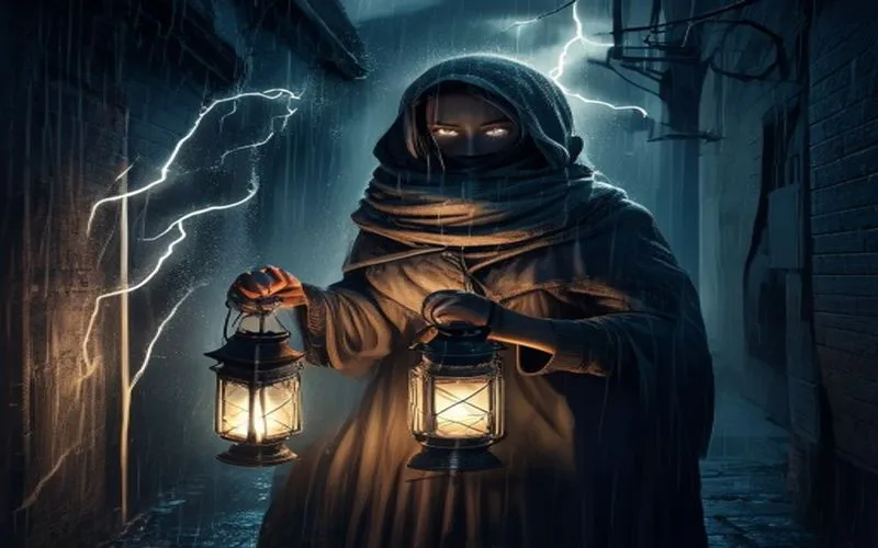 A woman in a gloomy alley holding a lantern, symbolizing AI-driven innovation navigating through complexity