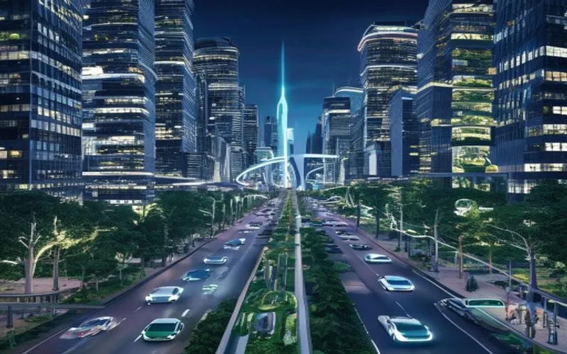 Gambar ini menampilkan kota ternama di malam hari, dengan sebuah gabungan antara bangunan modern yang tinggi dan sebuah majalah vertikal yang menggejutkan.