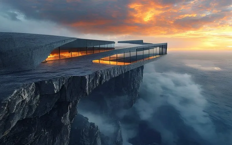 Arsitektur brutalist minimalis di tebing. Cahaya emas menembus kabut, menciptakan suasana dramatis nan megah.