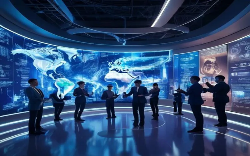 Futuristic tech news center displaying AI trends, data, and human interaction