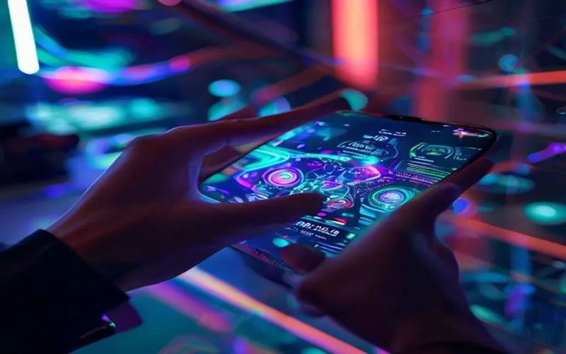 Tangan berinteraksi dengan proyeksi holografik aplikasi Android di ruang kendali berteknologi tinggi