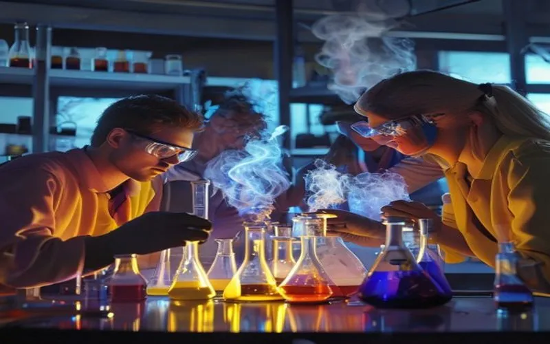 Pelajar SMA dengan kacamata pengaman melakukan eksperimen kimia bercahaya di laboratorium, memancarkan keingintahuan.