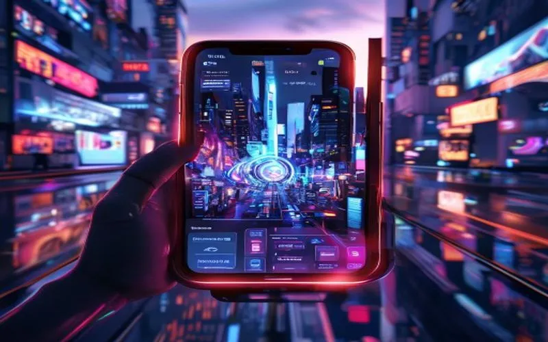 Futuristic Android interface with holograms and neon city backdrop