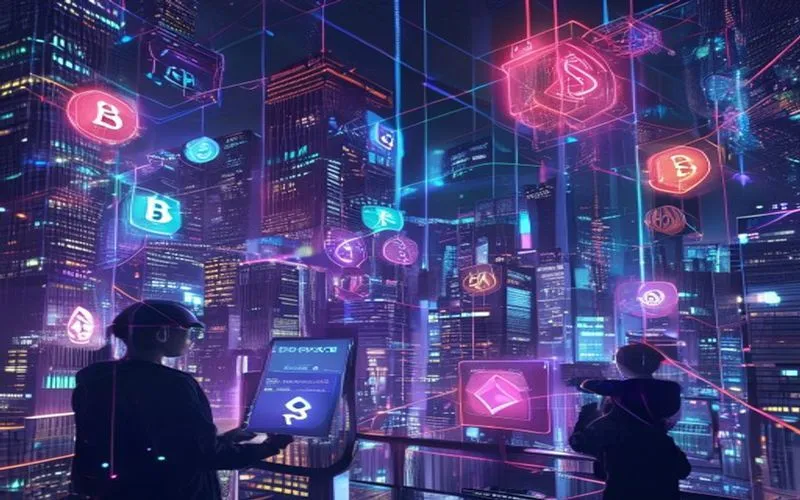 Futuristic city with integrated blockchain and holographic elements