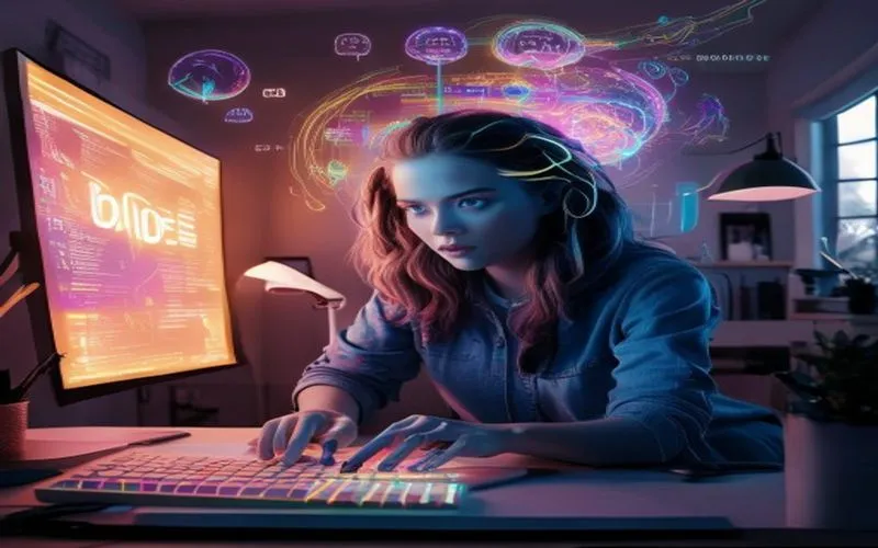 Blogger muda fokus menerapkan teknik SEO canggih di kantor futuristiknya, dikelilingi proyeksi holografik