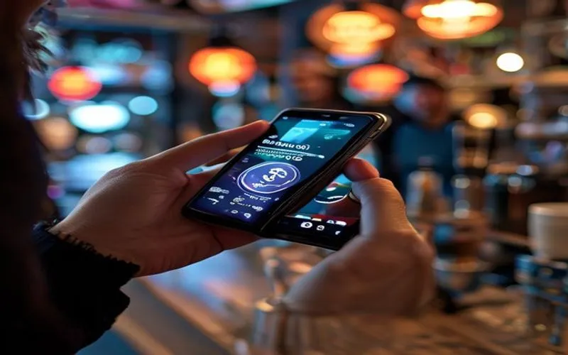 Momen pembayaran e-wallet mulus di kafe, menggambarkan kemudahan masa depan keuangan digital