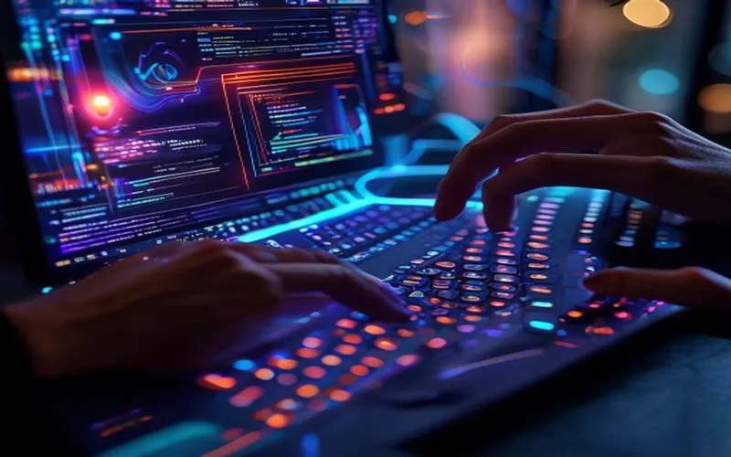 Hand interacting with a modern desktop application on an advanced monitor