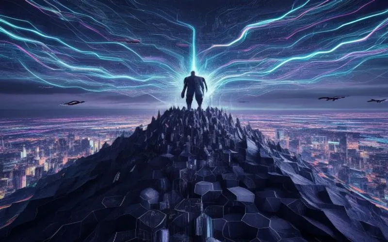 Visi Web3: Kota blockchain futuristik, data mengalir, holografis kripto di dunia digital.