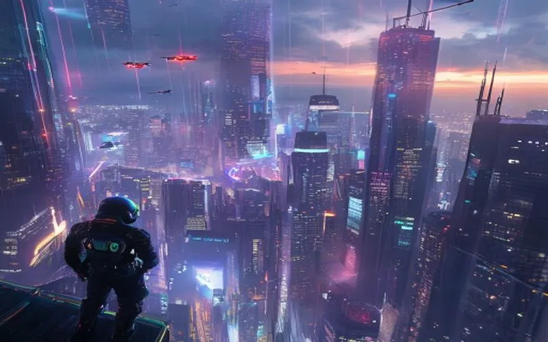 Kota futuristik neon, dron terbang, pemandangan malam spektakuler.