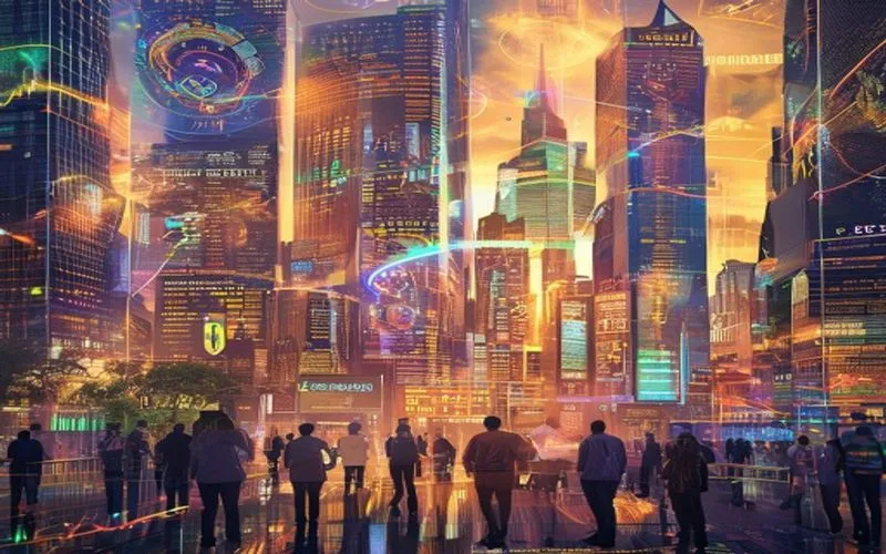 Futuristic city reflecting global economic dynamics, a blend of technology and tradition.
