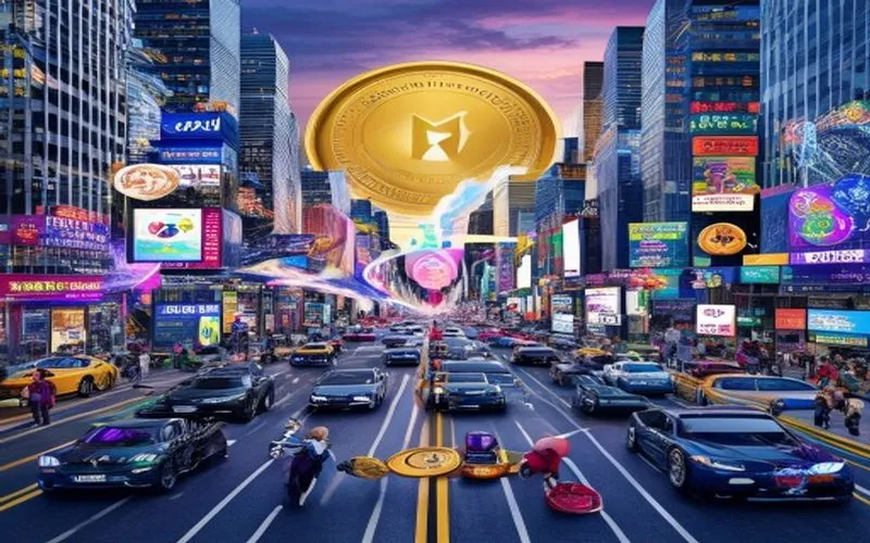City view with economic markets, prestigious banking, GDP, inflation, currencies, and wealth symbols.