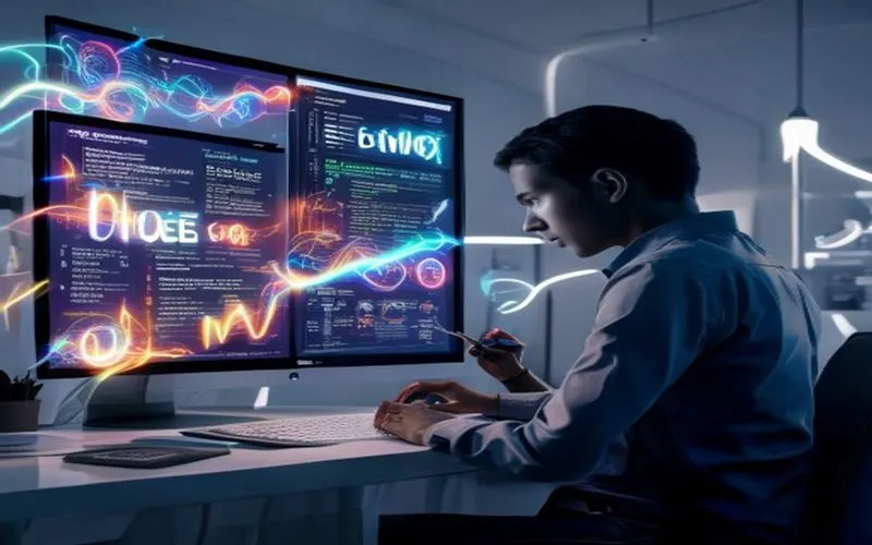 Gambar seorang profesional mengoptimalkan blog dengan visual SEO holografis di ruang kerja modern