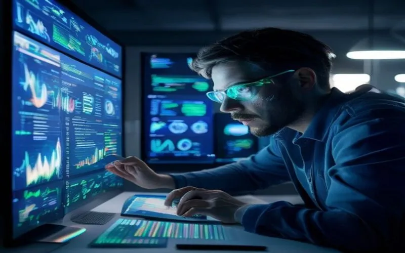 SEO analyst analyzing complex holographic data for website optimization