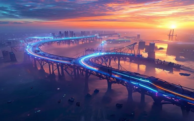 High-speed train across a grand bridge at dawn, with ships and planes in the distance