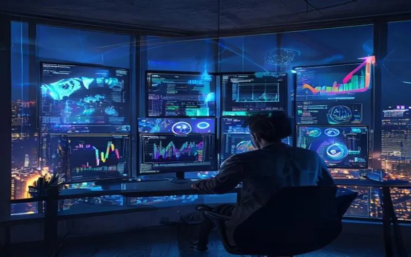 Strategi SEO blog modern, tampak data analitik, kreativitas digital, dan pencahayaan futuristik