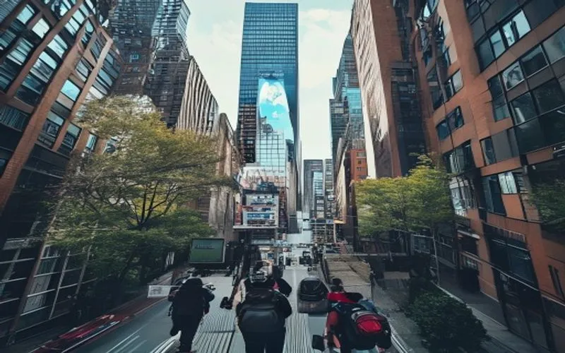 Modern urban economic landscape, featuring technological development and community engagement, reflecting the impact of digital finance and Web3 on urban life.