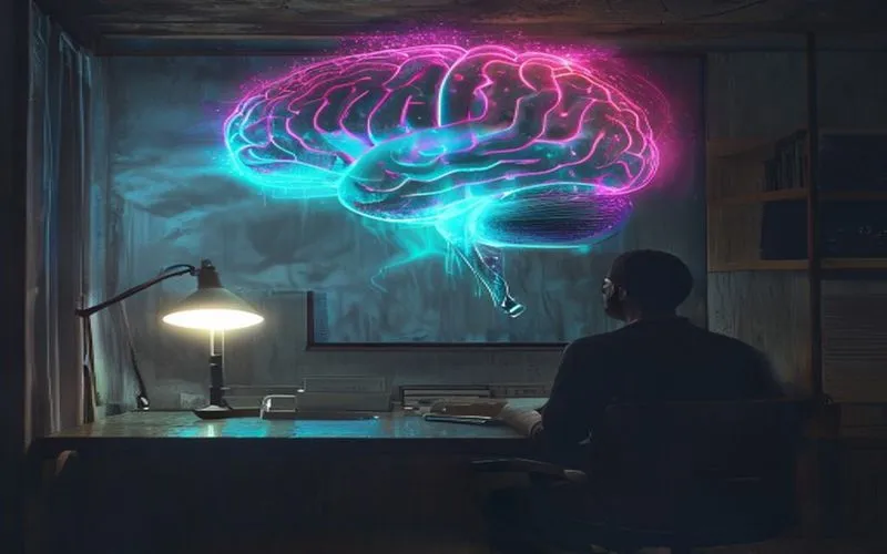 Futuristic therapy room displaying a holographic brain, psychology introspection symbols.