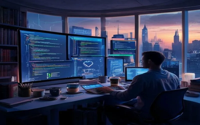 A motivated coder working intently on a laptop