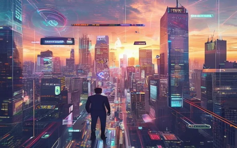 Hybrid building of computerized and natural elements at night. Holographic distress with digital financial market reports playing stock and currency movements in holographic space. A high-ranking man stands before a floating virtual wallet serving as a digital transaction platform. People nearby carry electronic noken for their purchases. This image depicts high-level integration of technology and finance.