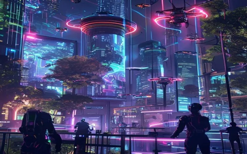 Kota futuristik dengan robot humanoid dan elemen teknologi tinggi yang terpadu secara artistik dengan alam.