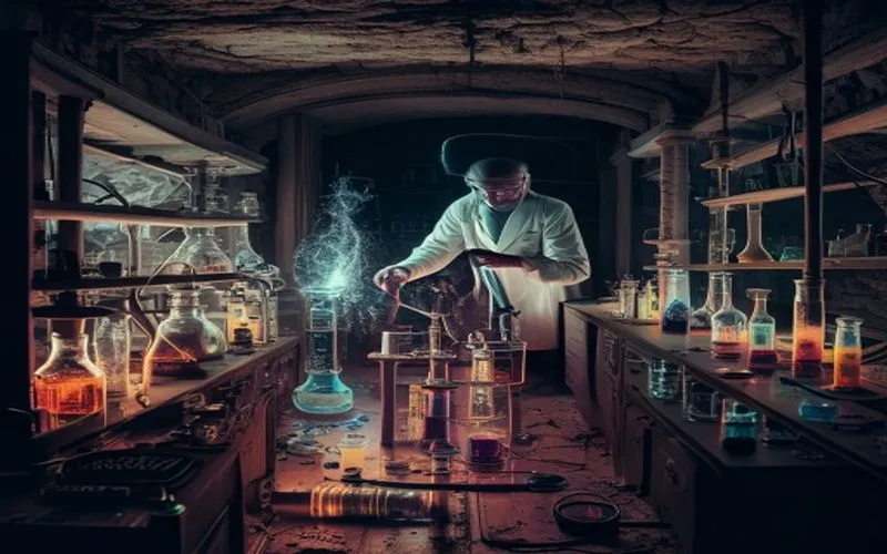 A photorealistic illustration of an inventor experimenting with a mysterious new discovery in an antique laboratory, surrounded by vintage scientific equipment and ethereal organic fluids.
