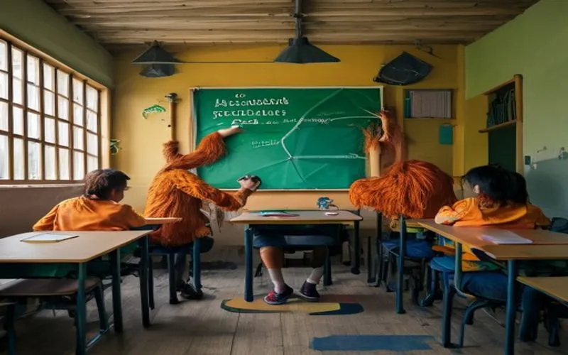 Gambar menampilkan pelajar perpustakaan sekolah berkolaborasi dan belajar matematika dengan alat-alat matematika yang luar biasa dan menarik