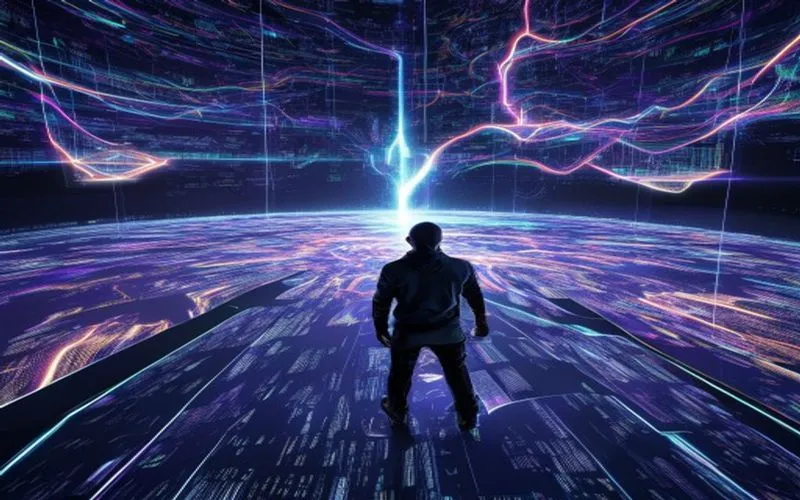 Sosok visioner di tengah jaringan blockchain global, dikelilingi holografik kripto, NFT, dan metaverse.