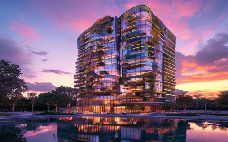 Arsitektur futuristik dengan taman vertikal, memantulkan matahari terbenam dramatis