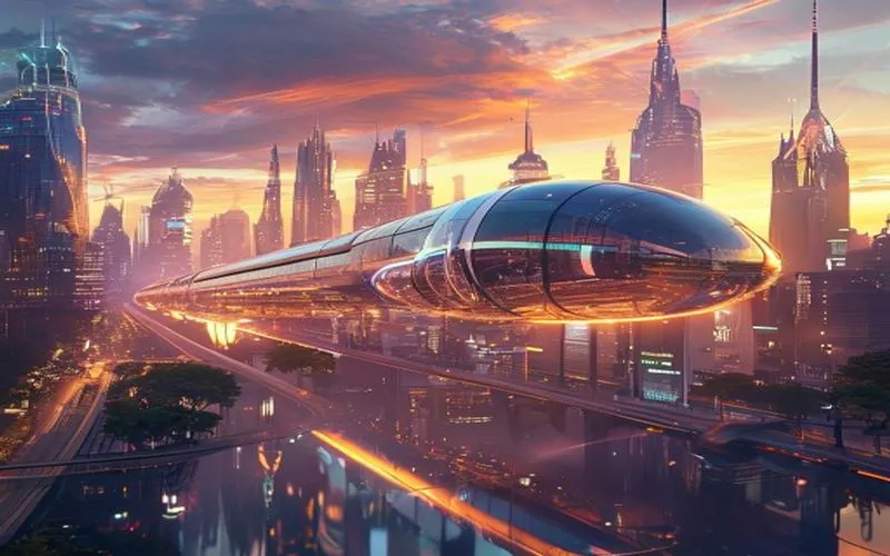 Kereta lapis kaca melayang di kota futuristik dengan pohon-gedung dan cahaya neon