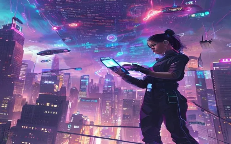 Sebuah kota masa depan yang futuristik, dengan gedung-gedang pencakar langit dan mobil terbang yang melintasinya, menampilkan ledger blockchain besar yang menyinari langit.