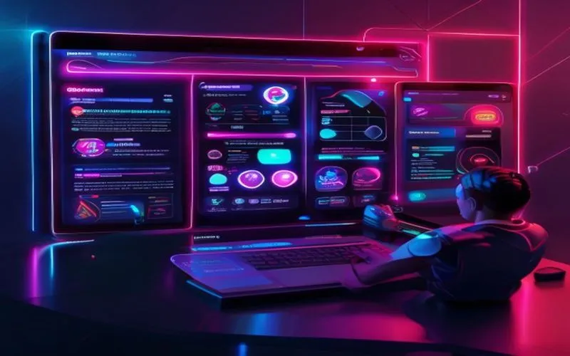 Gambar ini menampilkan aplikasi desktop modern dan fantastis dengan ikon yang user-friendly dan panel yang terstruktur dengan mudah diakses. Wajah pengguna yang terlihat pada gambar berwarna neon dan desain minimalis yang menggambarkan kapabilitas aplikasi yang menakjubkan. Di depan pengguna terlihat layar yang lumayan besar dan menarik untuk menginspirasi pengguna untuk mengakses dan menggunakan fitur aplikasi dengan mudah. Gambar ini mengambil gelombang pengembangan teknologi yang penuh dengan senyum dan menunjukkan bahwa aplikasi desktop ini merupakan solusi penting dalam mengurangi kerugian waktu dan meningkatkan efisiensi pengguna.