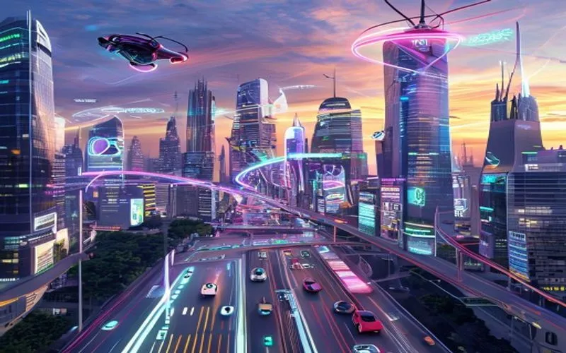 Gambar ini menampilkan sebuah kota futuristik pada petang dengan penyelamatan mereka terbang di langit. Skyscraper-skyscraper yang tinggi dan moden berbatu di sejajar dengan laju pengembangan teknologi yang semakin besar. Mobil terbang melintasi jalan vertikal dan drone memasangkan antara posisi hantaran pengantaran paket. Jalan kreatif publik terpisahkan dengan lampu yang merdu, yang menggerakkan jiwa semua pengunjung dengan pengaruh khususnya dengan warna neons itu.