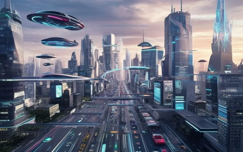 Cityscape futuristik dengan struktur kristal, taman vertikal, dan kendaraan terbang