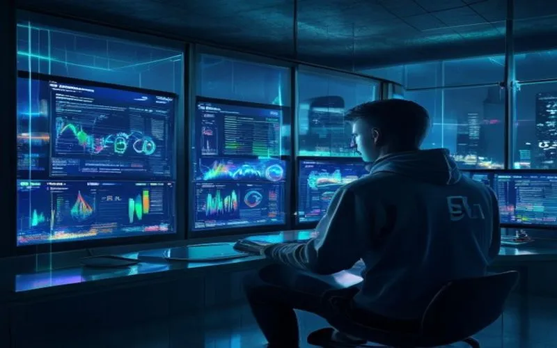 Futuristic SEO control center with holographic graphs