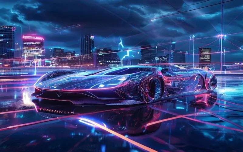 Mobil listrik super futuristik dengan teknologi canggih di kota megah pada malam hujan dengan proyeksi holografik dan efek cahaya dramatis.