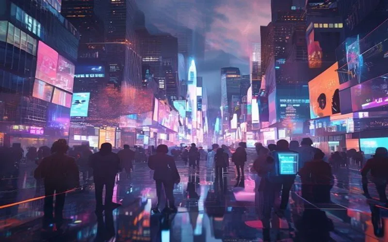 Futuristic communication via holograms in a bustling neon city