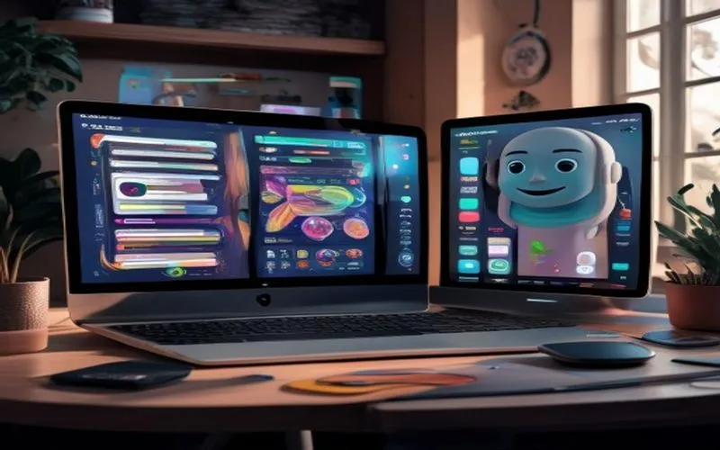 Antarmuka aplikasi desktop modern dengan pengeditan foto dan asisten virtual