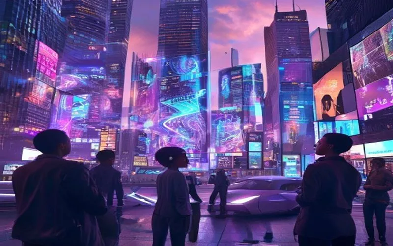 Futuristic city, professional analyzing latest tech trends via hologram
