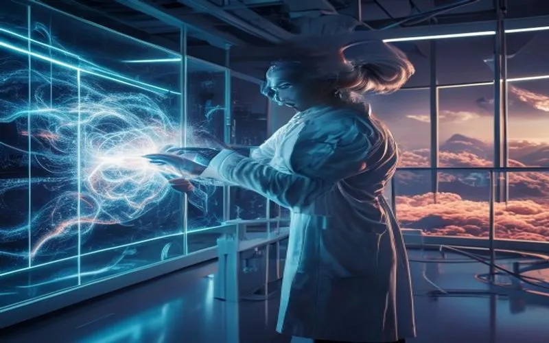 Ilmuwan muda di lab futuristik menganalisis data holografis kompleks, di latar belakang planet asing menakjubkan.