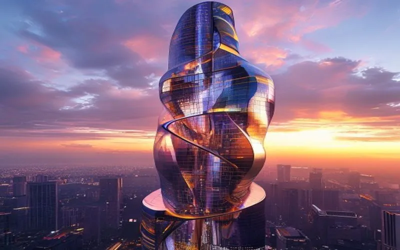 Pencakar langit futuristik dengan desain berputar, bermandikan cahaya senja, menampilkan pantulan dramatis.