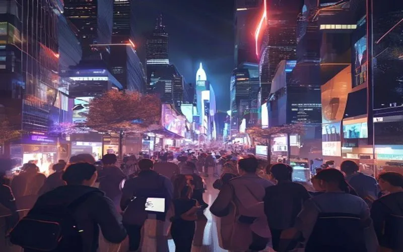 In a world where technology has advanced, a vibrant city thrives under the enchanting night sky. The scene depicts a bustling crowd of people engaging in seamless digital transactions, utilizing a sleek and user-friendly e-wallet system. As they navigate through the city, illuminated skyscrapers serve as a mesmerizing backdrop, reflecting the progress and convenience brought about by financial innovation.