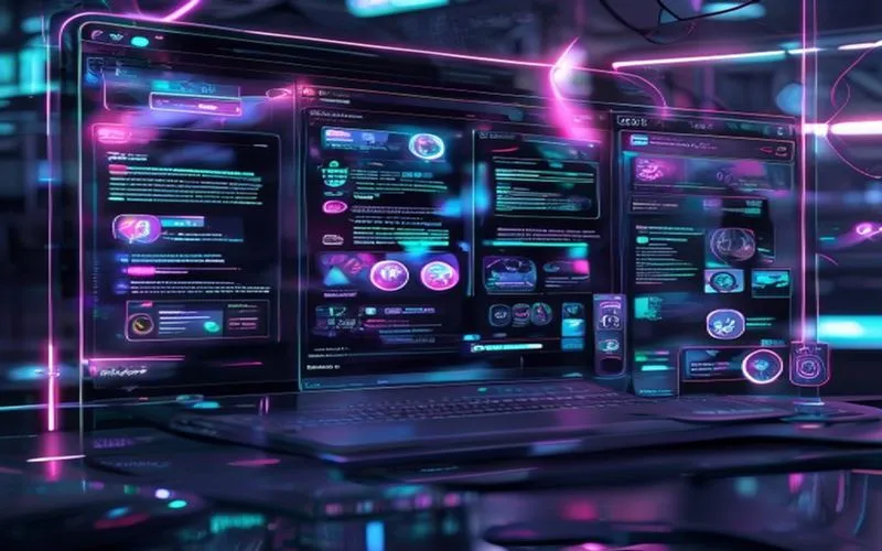 Avant-garde desktop environment with holographic windows in a cyberpunk setting