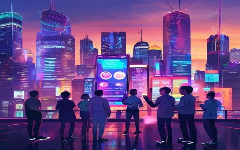 Modern city with neon cables and a family using an electronic wallet